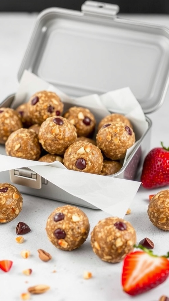 A container filled with fruit and nut energy bites, surrounded by fresh strawberries and scattered nuts.