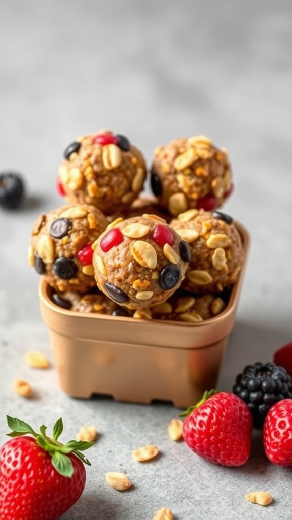 A close-up of fruit and nut energy bites in a small container, surrounded by fresh strawberries and blackberries.