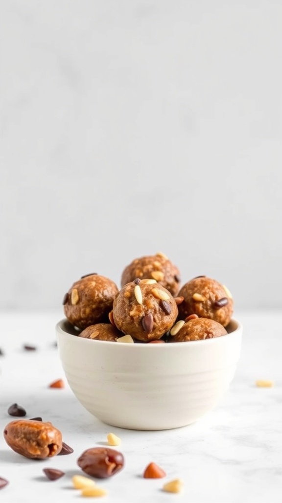 A bowl of fruit and nut energy bites with some scattered nuts and chocolate chips around it.
