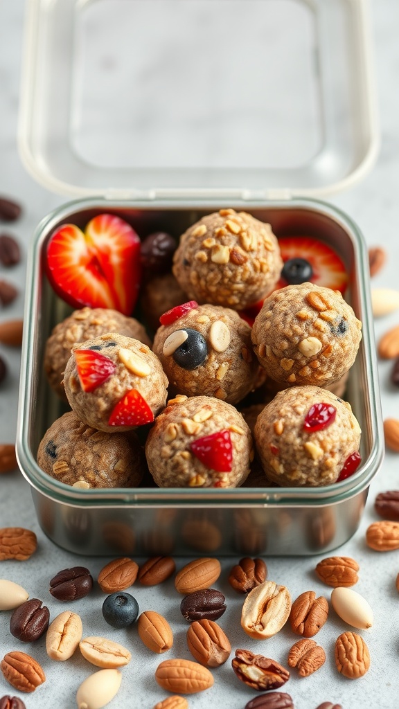 A container filled with fruit and nut energy bites surrounded by various nuts.
