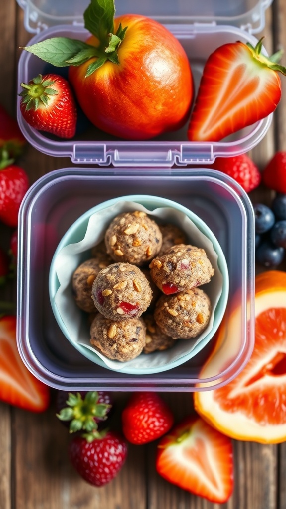 Healthy fruit and nut energy bites in a lunchbox with fruits