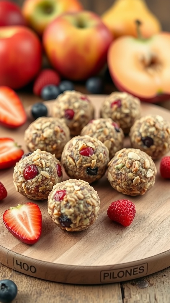 Healthy fruit and nut energy bites on a wooden board