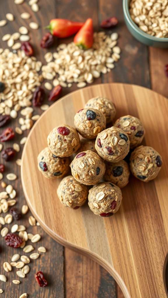 Healthy fruit and nut energy bites on a wooden board