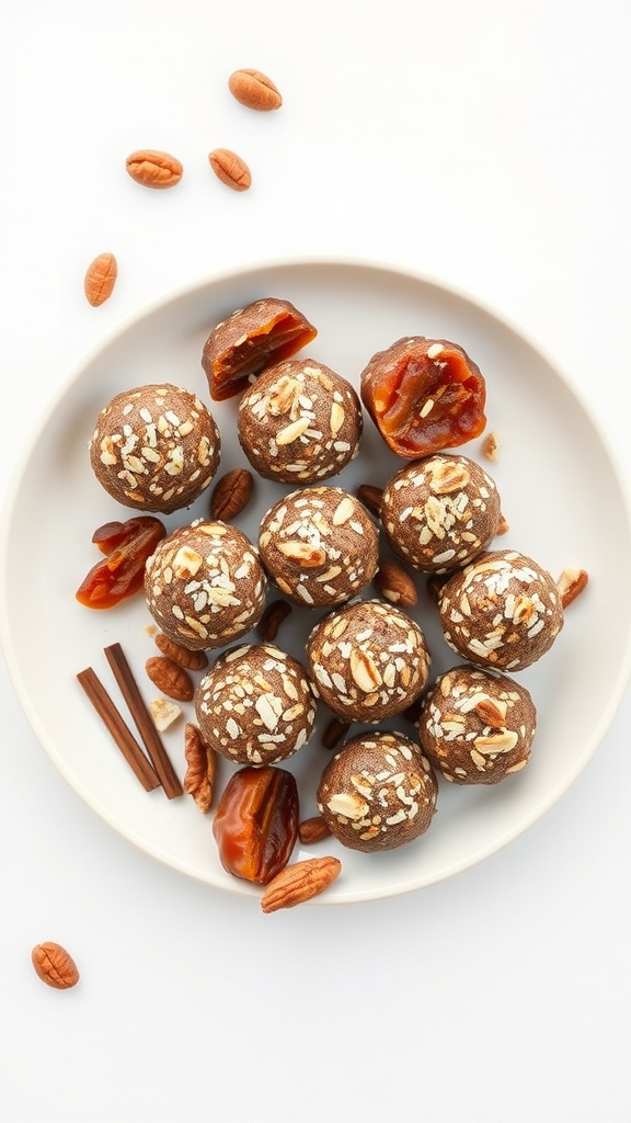 A plate of fruit and nut energy bites with nuts and dates scattered around.