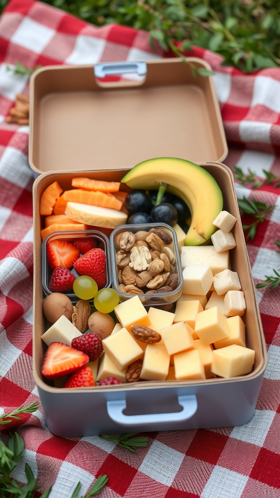 A colorful fruit and nut snack box with cheese, strawberries, blueberries, and nuts, placed on a picnic blanket.