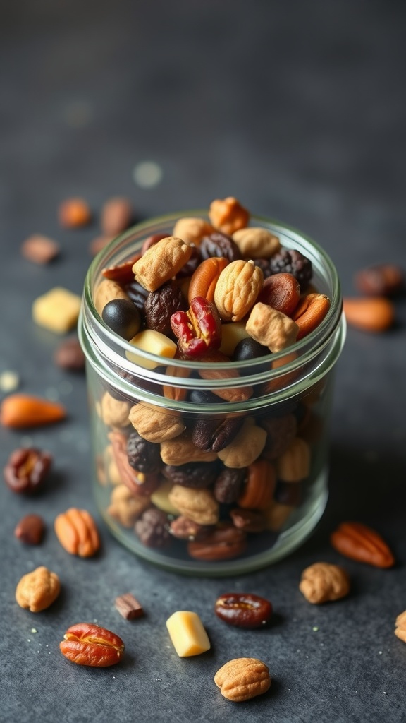 A jar filled with a colorful mix of nuts and dried fruits.