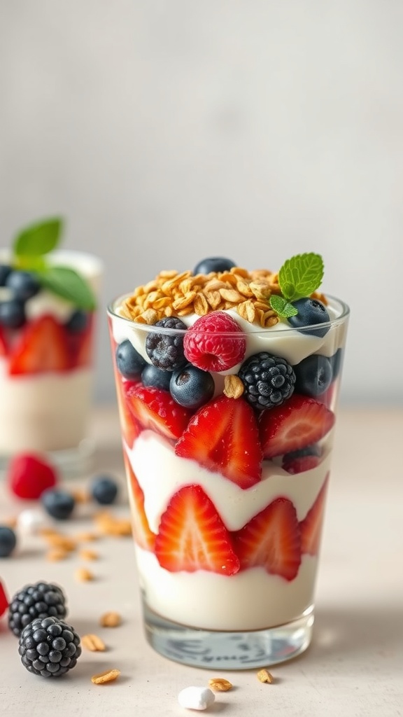 A colorful fruit and yogurt parfait with layers of yogurt, berries, and granola.