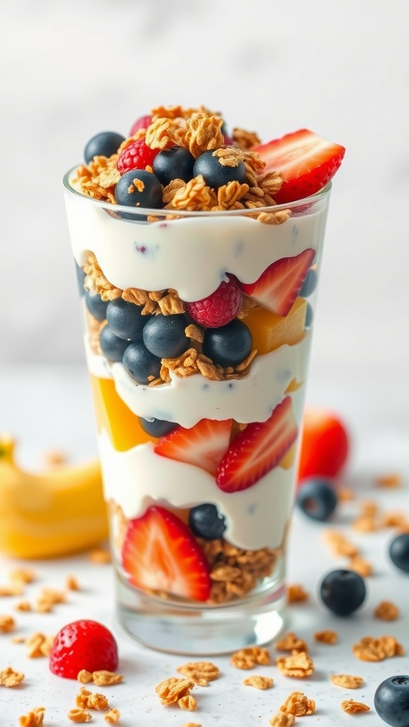A delicious fruit and yogurt parfait layered with fresh fruits, yogurt, and granola.