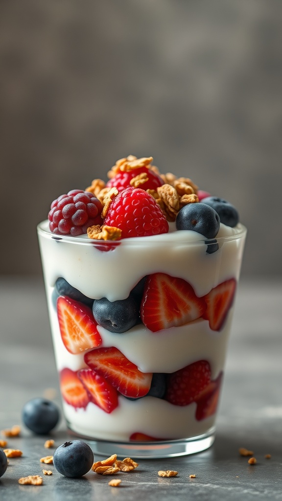 A colorful fruit and yogurt parfait layered with strawberries, blueberries, and granola.