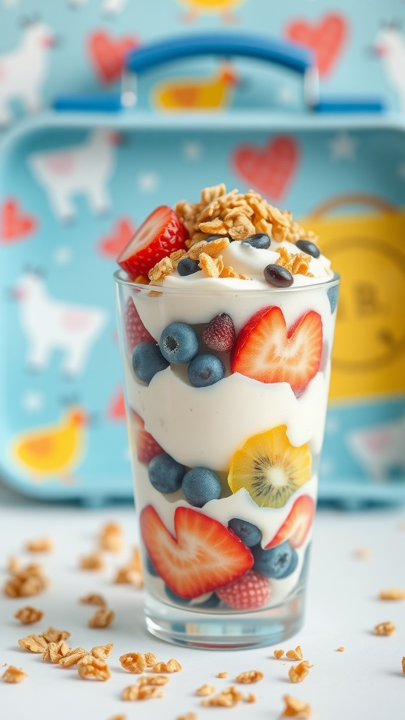 A delicious fruit and yogurt parfait in a glass, layered with fresh berries and granola.
