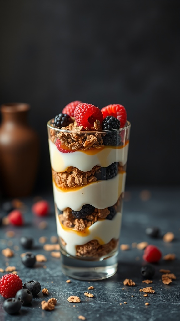 A delicious fruit and yogurt parfait with layers of yogurt, granola, and fresh berries.