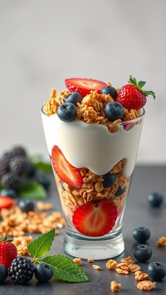 A delicious fruit and yogurt parfait with layers of yogurt, granola, and fresh berries.