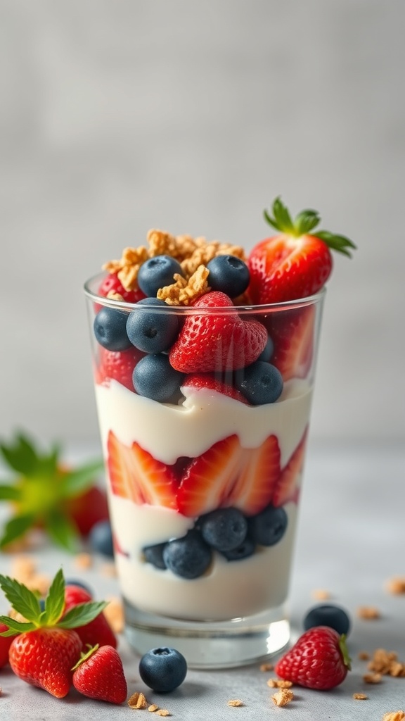 A delicious fruit and yogurt parfait with strawberries, blueberries, and granola in a glass.