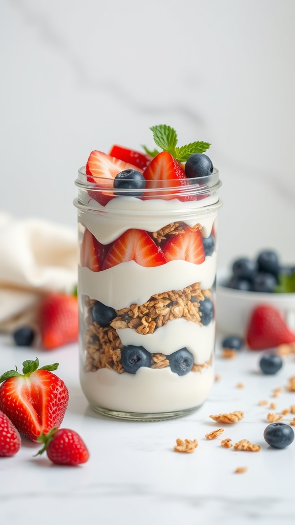 A delicious fruit and yogurt parfait in a jar with layers of yogurt, granola, strawberries, and blueberries.