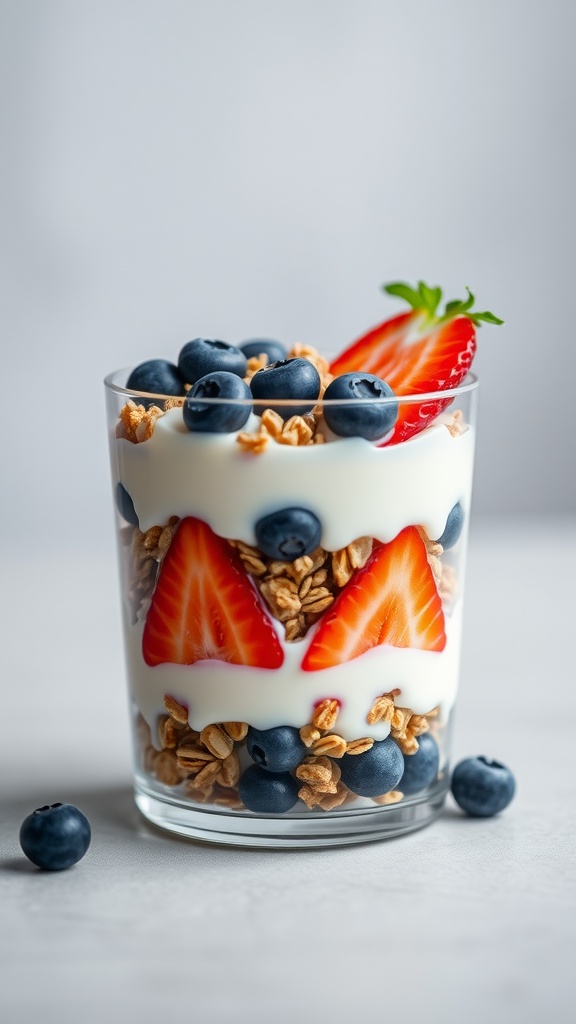 A delicious fruit and yogurt parfait with layers of granola, yogurt, and fresh berries.