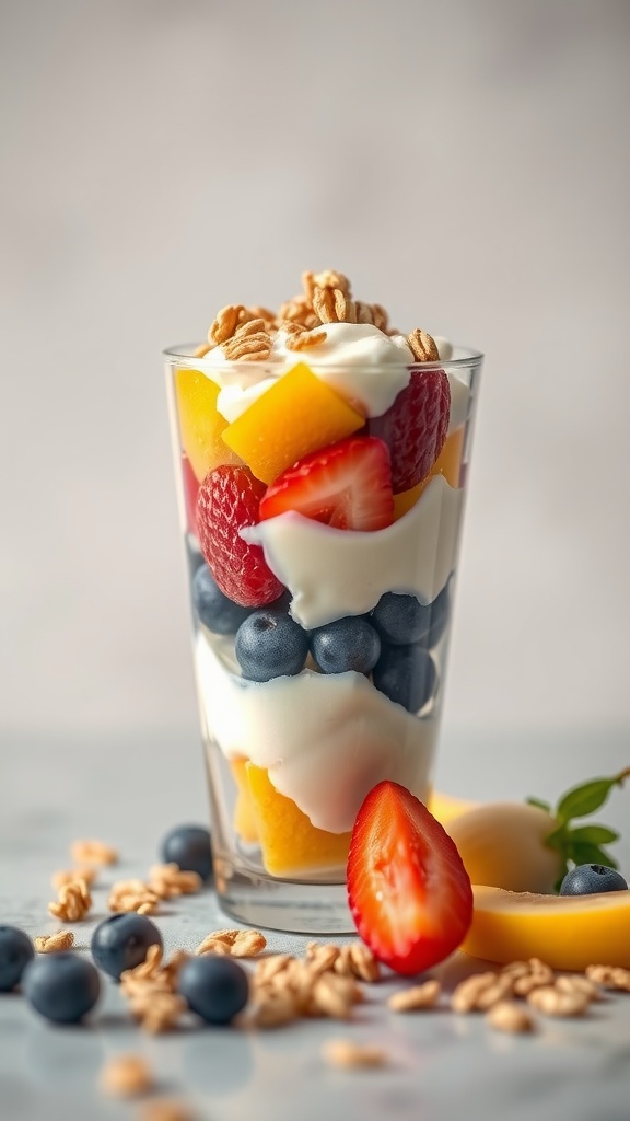 Fruit and yogurt parfait with layers of yogurt, fresh fruits, and granola