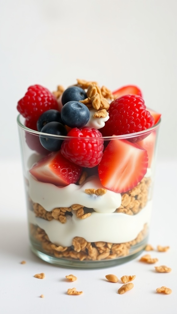 A delicious fruit and yogurt parfait with layers of yogurt, granola, and assorted berries.