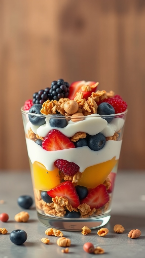 A colorful fruit and yogurt parfait with layers of yogurt, mixed berries, and granola.