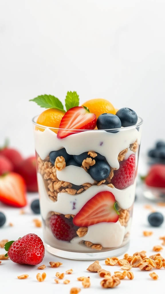 A colorful fruit and yogurt parfait layered with granola and fresh fruits.