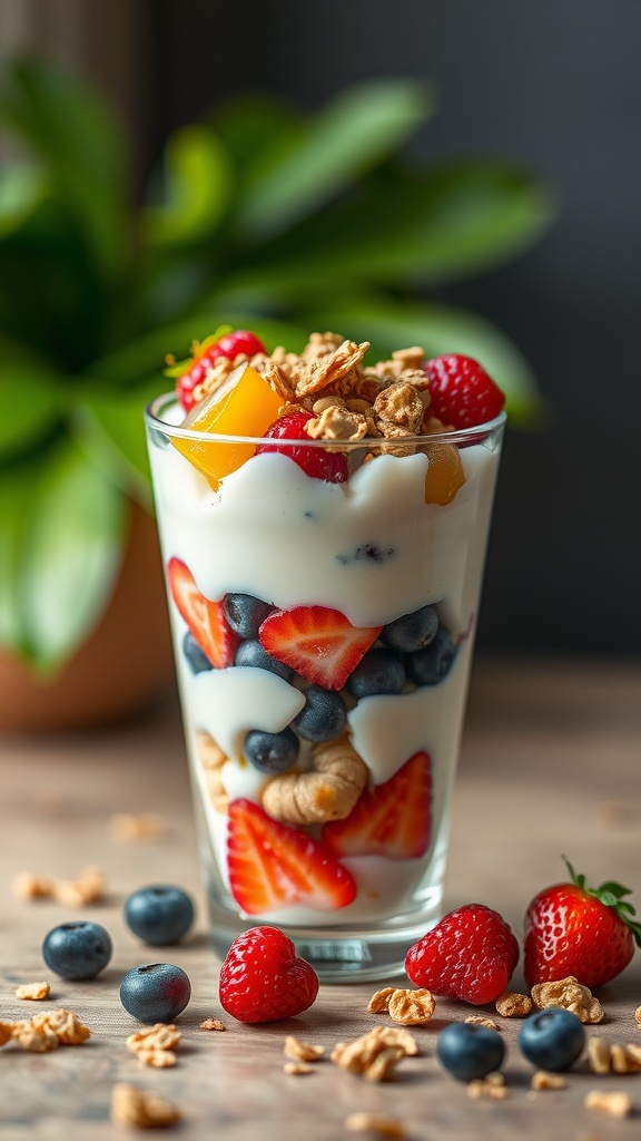 Delicious fruit and yogurt parfait with layers of yogurt, strawberries, blueberries, and granola.