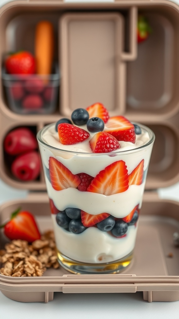 Healthy fruit and yogurt parfait in a lunchbox