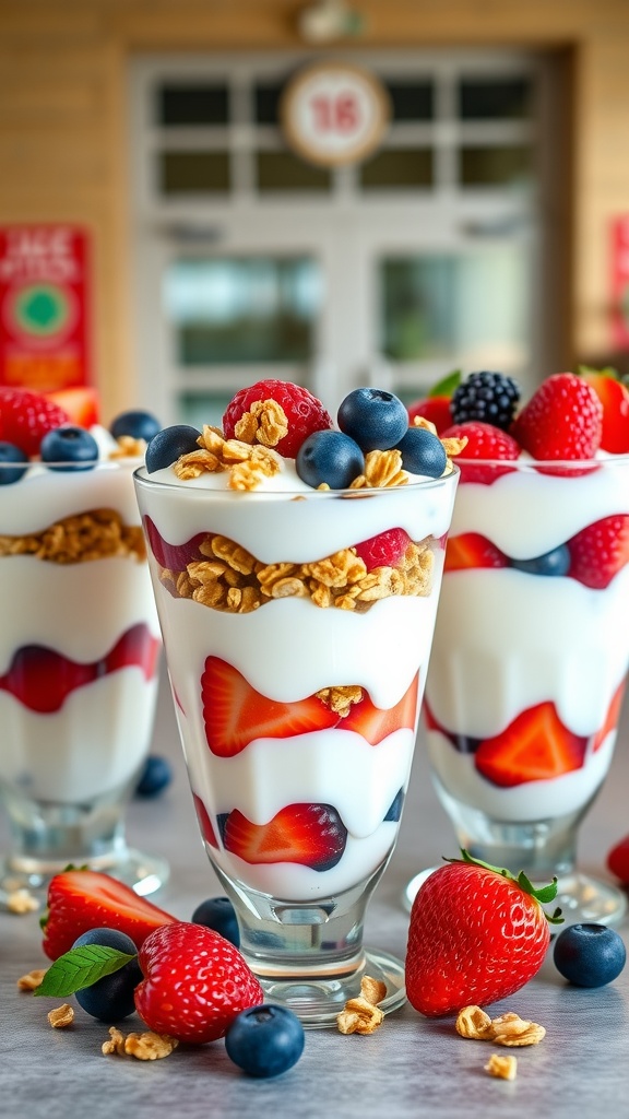 Delicious fruit and yogurt parfait cups with layers of yogurt, berries, and granola.