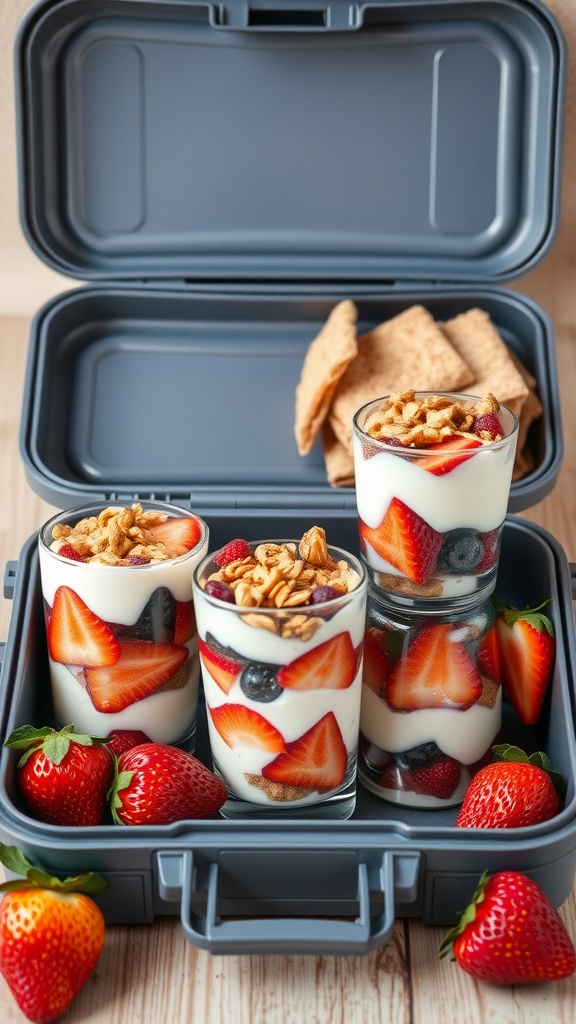 Yogurt parfait cups with fruits and granola