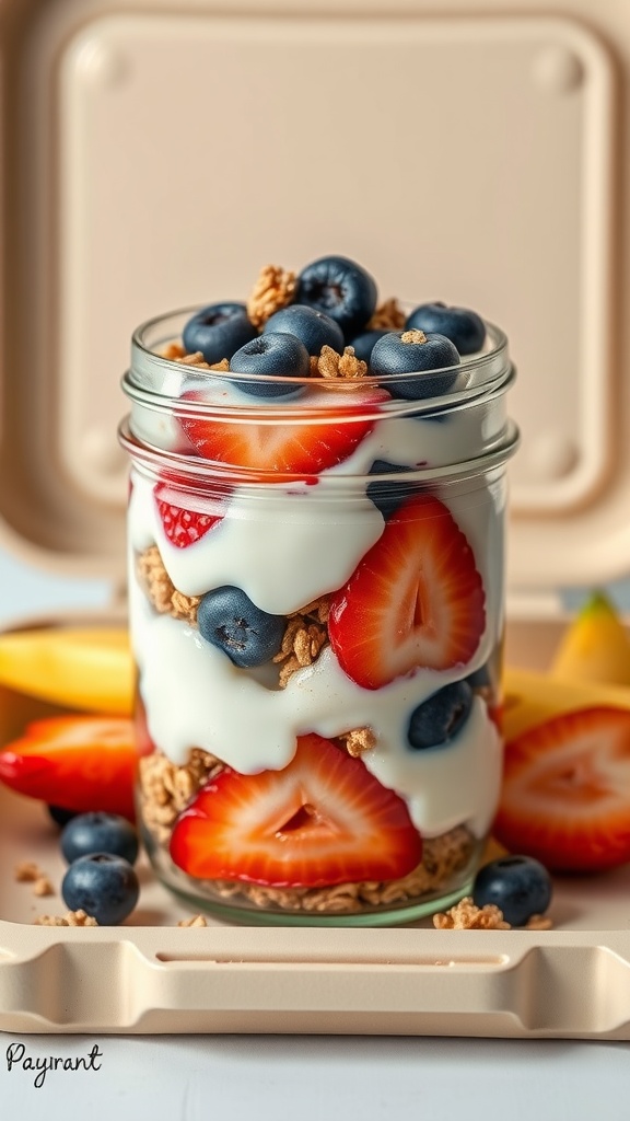 A delicious fruit and yogurt parfait with layers of yogurt, granola, and mixed berries.