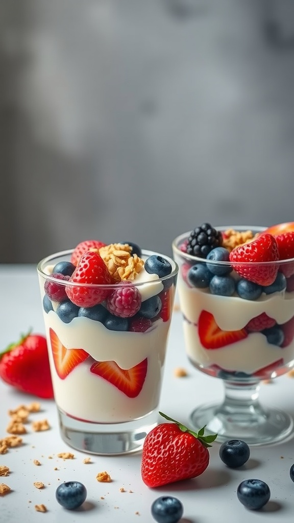 Delicious fruit and yogurt parfaits layered with fresh fruits and granola