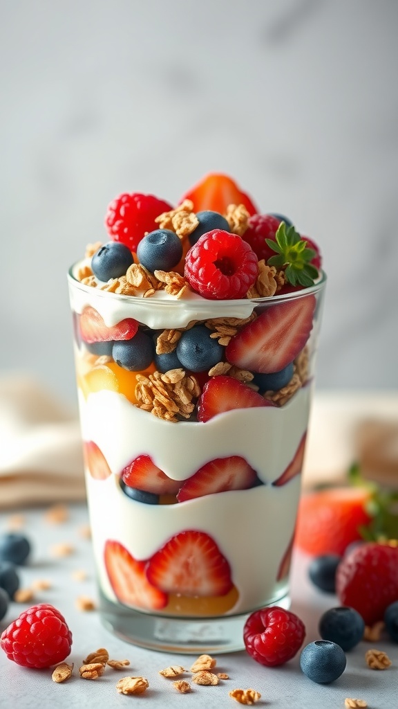 A delicious fruit and yogurt parfait layered with berries and granola.
