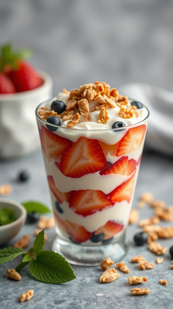 A colorful fruit and yogurt parfait with layers of strawberries, blueberries, yogurt, and granola