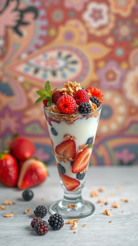A colorful fruit and yogurt parfait topped with granola and mint.