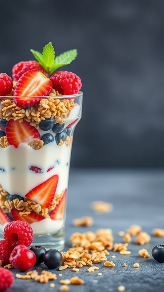 A colorful fruit and yogurt parfait with layers of yogurt, berries, and granola in a glass.
