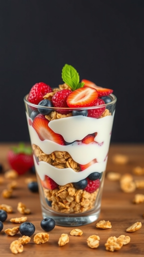 A delicious fruit and yogurt parfait layered with strawberries, blueberries, raspberries, and granola in a clear glass.