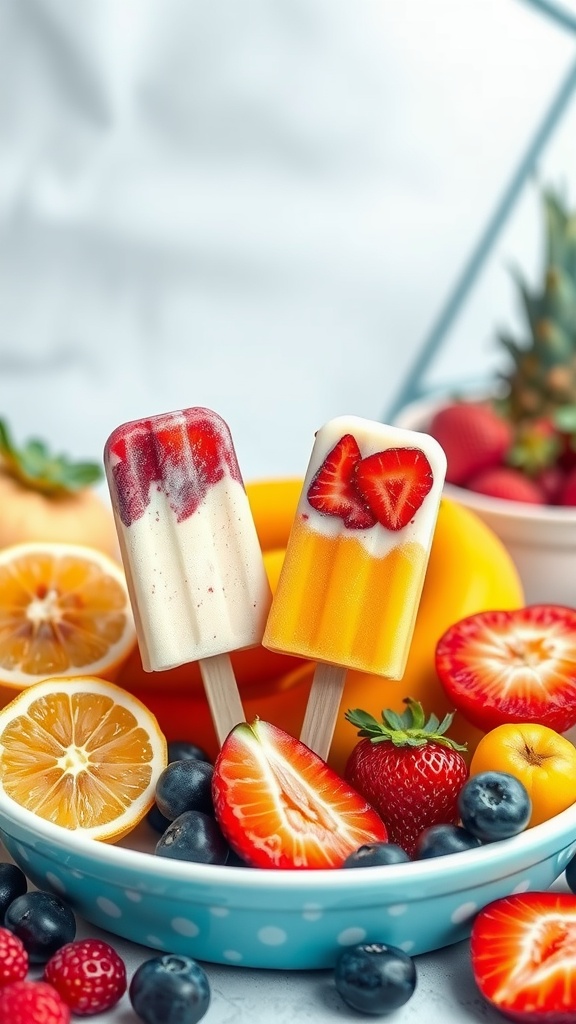Colorful fruit and yogurt popsicles surrounded by fresh fruits.