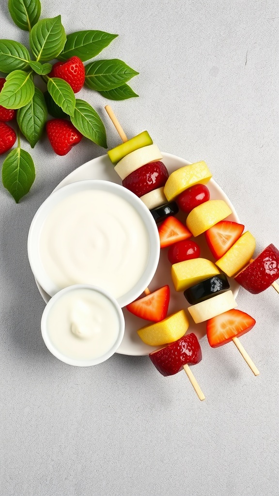 Colorful fruit kabobs with a creamy yogurt dip