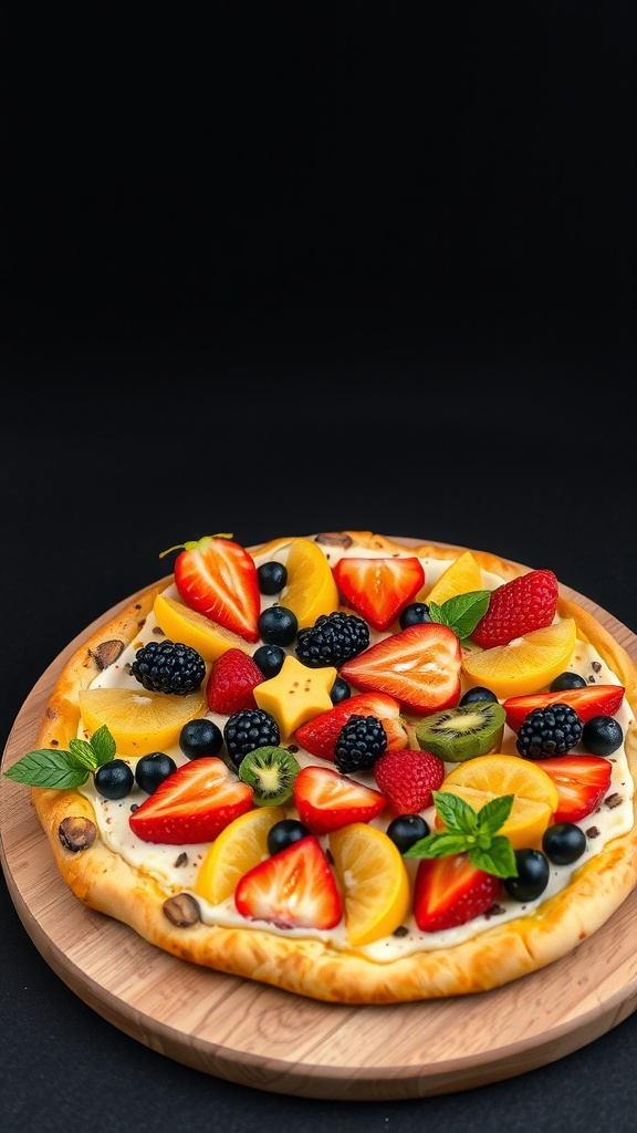 Colorful fruit pizza topped with various fresh fruits