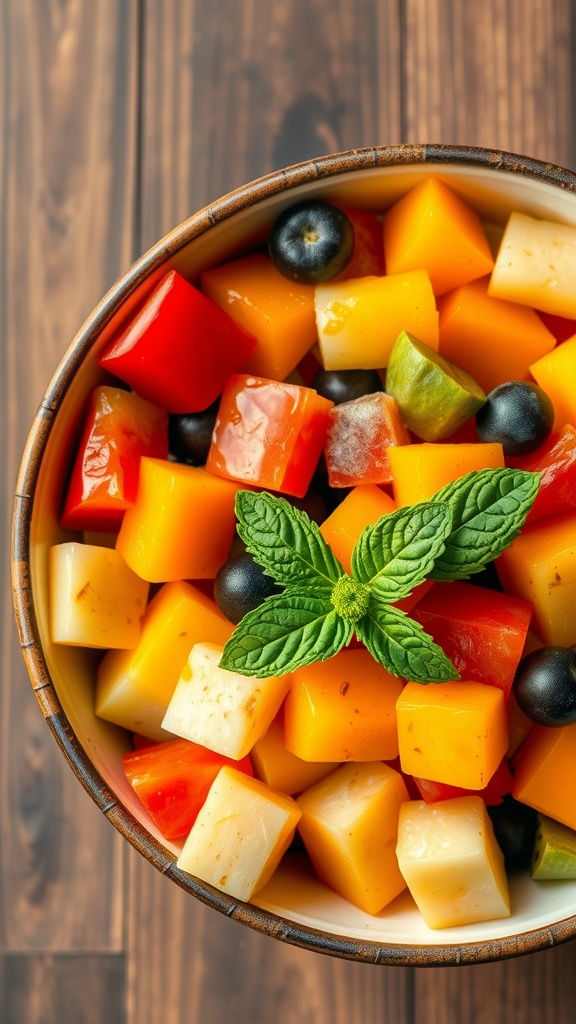 A vibrant bowl of colorful fruit salad topped with fresh mint leaves.