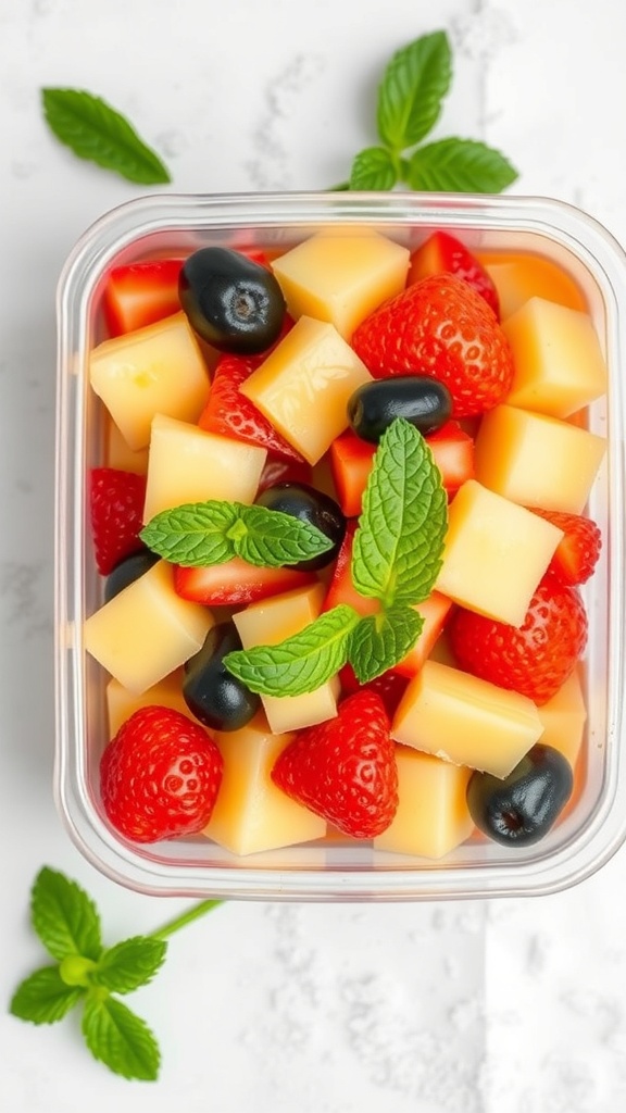 A colorful fruit salad with strawberries, cantaloupe, blueberries, and mint leaves in a container.