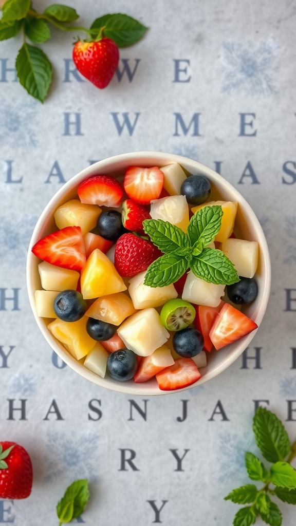 A colorful bowl of fruit salad with fresh mint leaves and lime dressing.