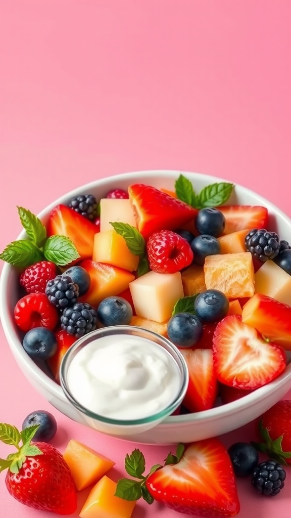 A bowl of colorful fruit salad with a yogurt dip on the side, garnished with mint leaves.