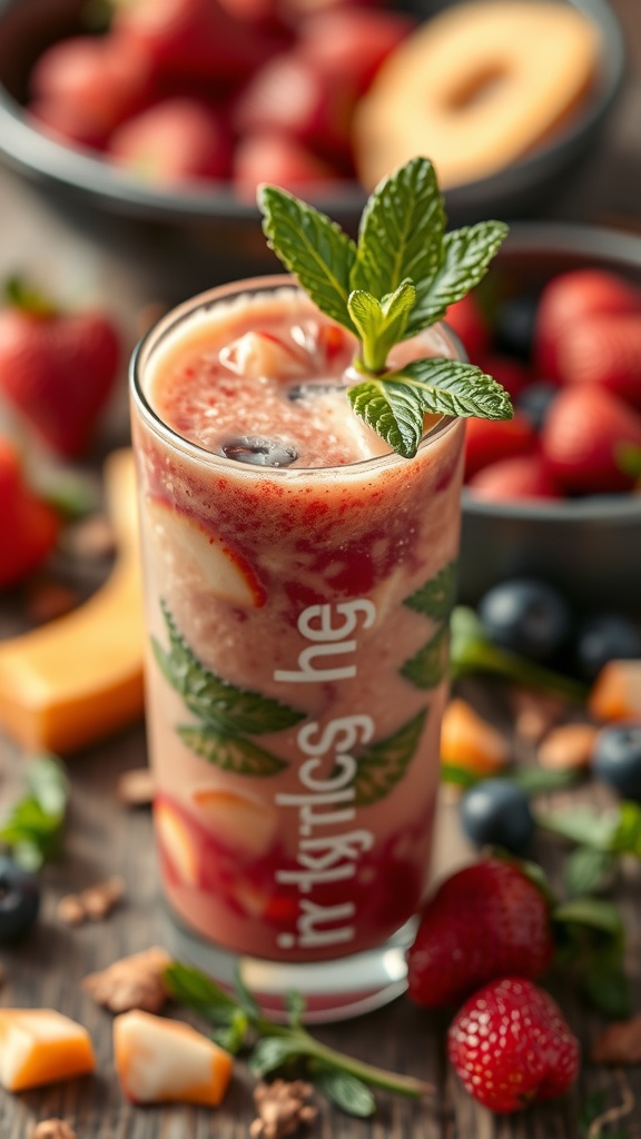 A refreshing fruit smoothie garnished with mint leaves.