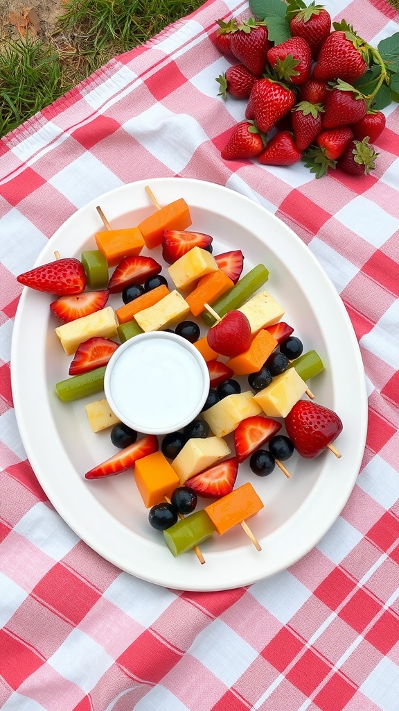 Colorful fruit skewers with a yogurt dip on a picnic blanket
