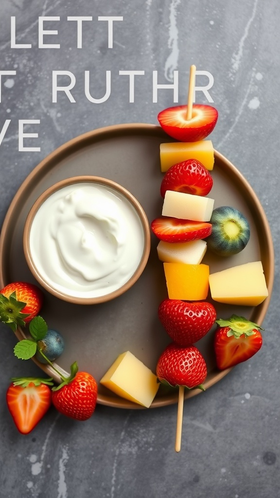 Colorful fruit skewers with yogurt dip on a plate.