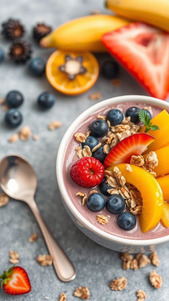 A colorful fruit smoothie bowl topped with granola, strawberries, blueberries, and mango slices.