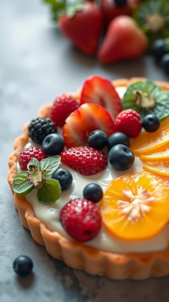 A colorful fruit tart with a cream filling, topped with an array of fresh fruits.