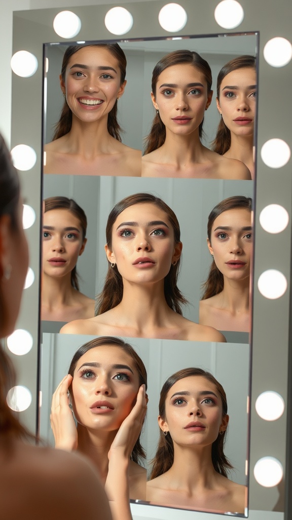 A woman in front of a mirror showing various facial expressions, representing different facial yoga moves.