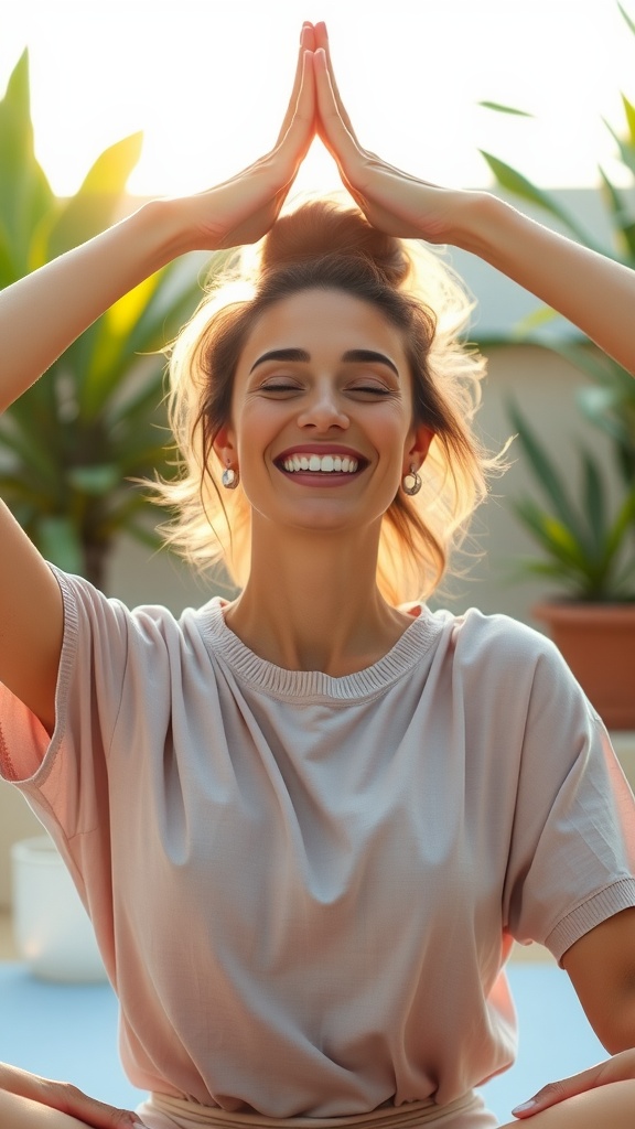 A smiling woman practicing face yoga with hands raised above her head.