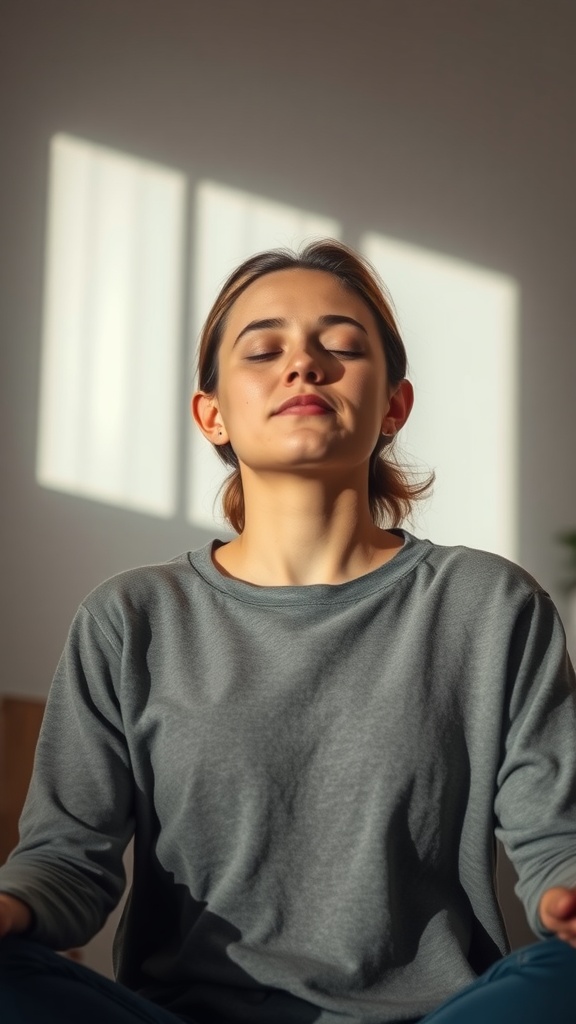 A woman practicing full face relaxation breath in a calm setting.