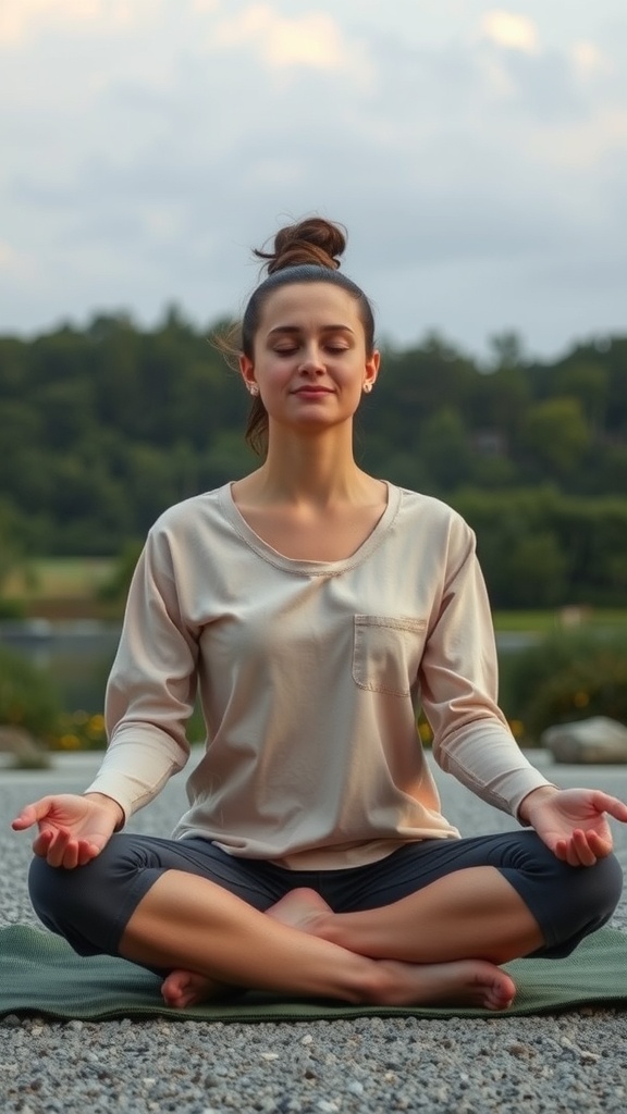 A woman practicing relaxation techniques outdoors, sitting cross-legged with her eyes closed.